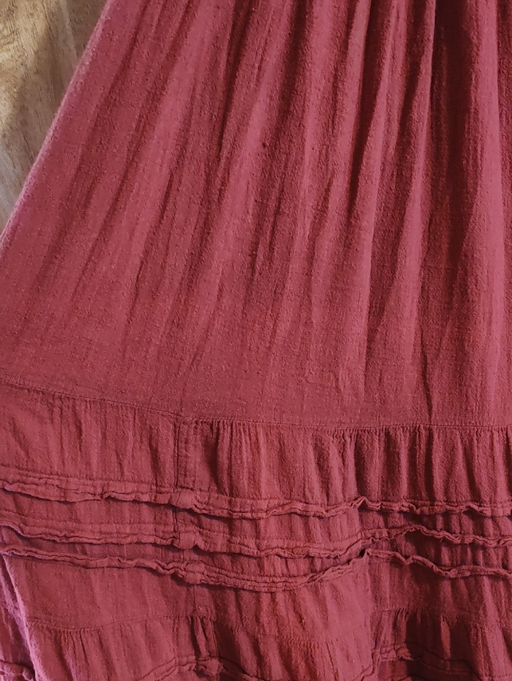 Boho Peasant Dress Brick Red Slub Puff Sleeve Ruffled Tiers Victorian Ren Fair S - Picture 15 of 16